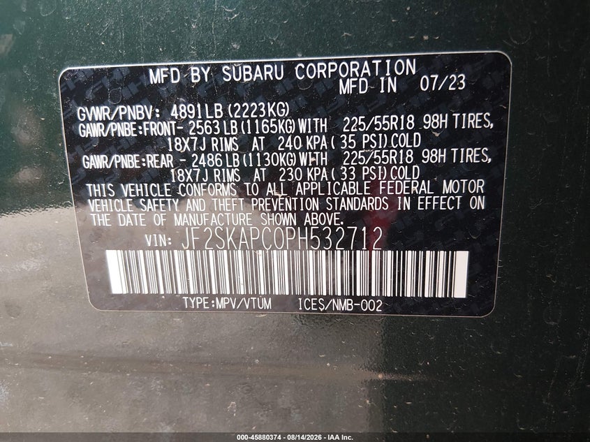 SUBARU FORESTER 2023 VIN JF2SKAPC0PH532712