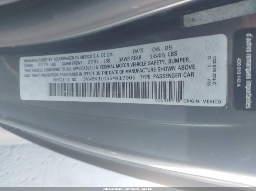 VOLKSWAGEN NEW BEETLE 2005 VIN 3VWBK31C55M417905