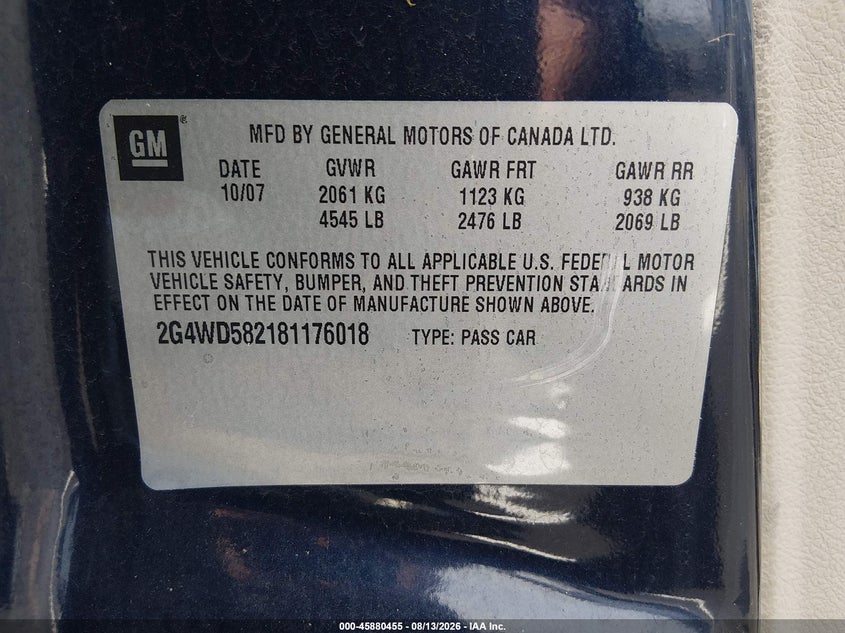 BUICK LACROSSE 2008 VIN 2G4WD582181176018