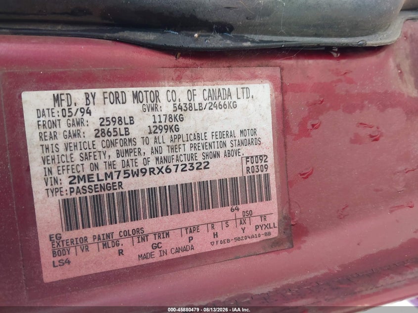 MERCURY GRAND MARQUIS 1994 VIN 2MELM75W9RX672322