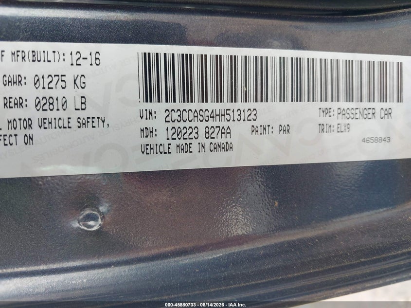 CHRYSLER 300C 2017 VIN 2C3CCASG4HH513123