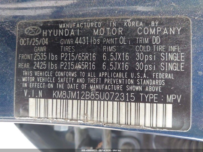 HYUNDAI TUCSON 2005 VIN KM8JM12B85U072315