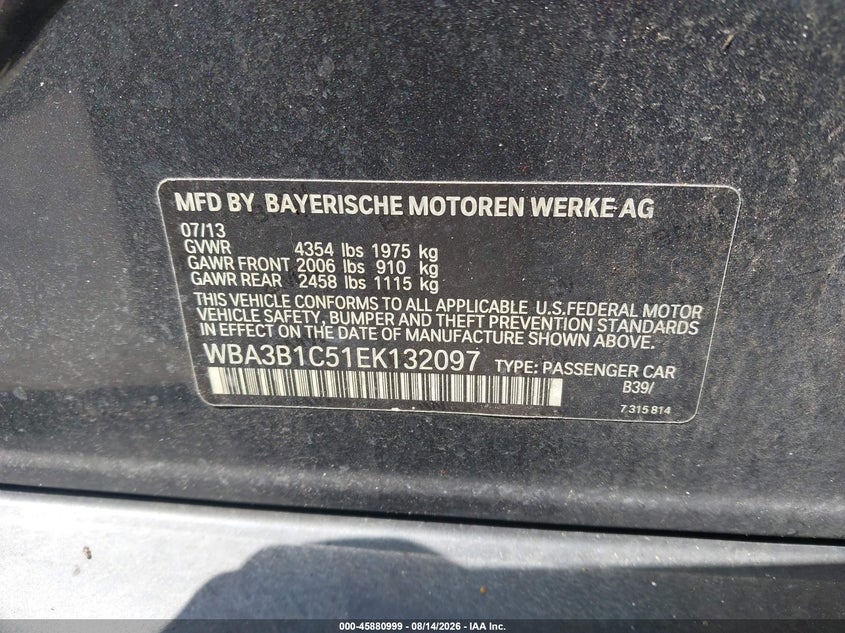 2014 BMW 3ER SEDAN 2.0L I-4 DI, DOHC, VVT, TURBO, 180HP