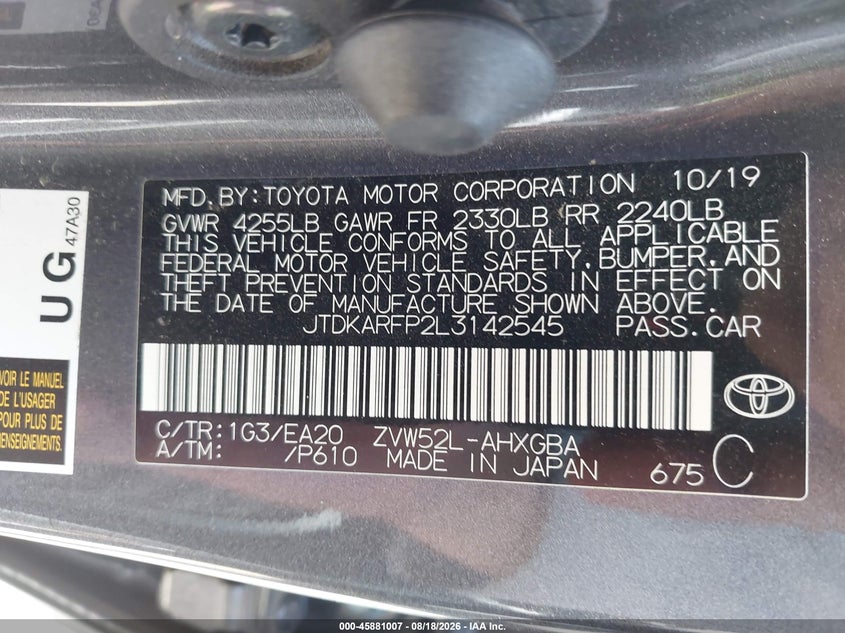 TOYOTA PRIUS PRIME 2020 VIN JTDKARFP2L3142545