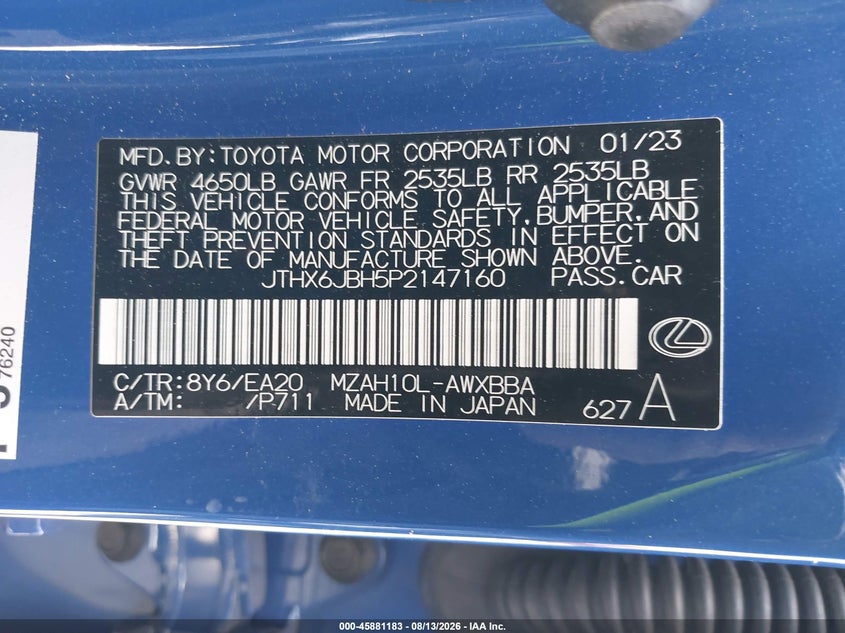 LEXUS UX 250H 2023 VIN JTHX6JBH5P2147160