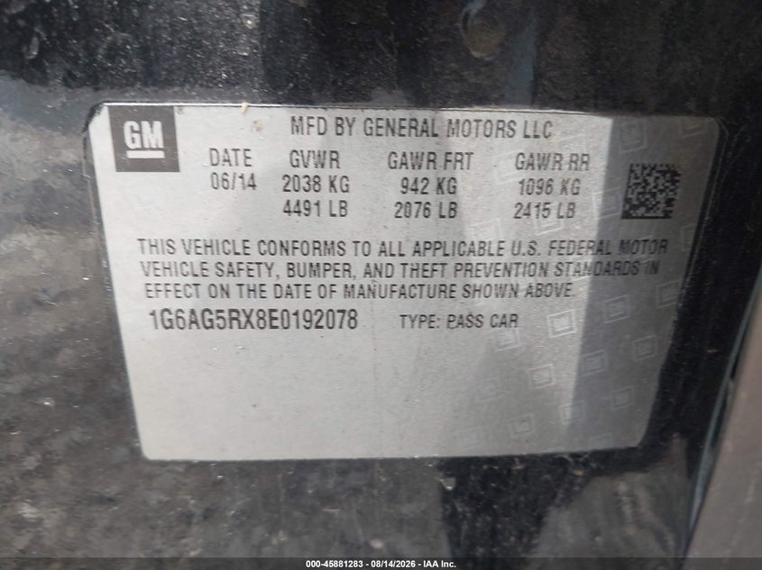 CADILLAC ATS 2014 VIN 1G6AG5RX8E0192078