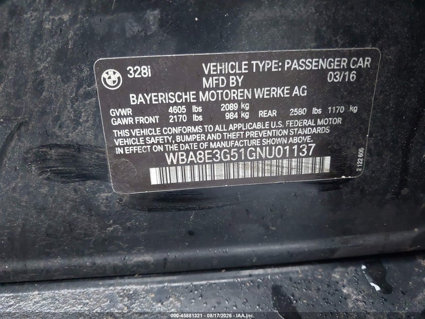 BMW 328I 2016 VIN WBA8E3G51GNU01137