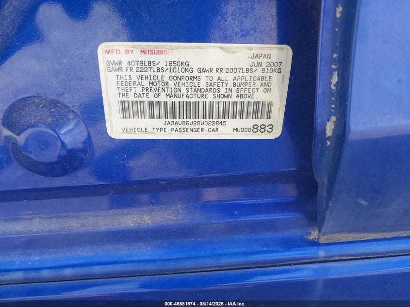 MITSUBISHI LANCER 2008 VIN JA3AU86U28U022845