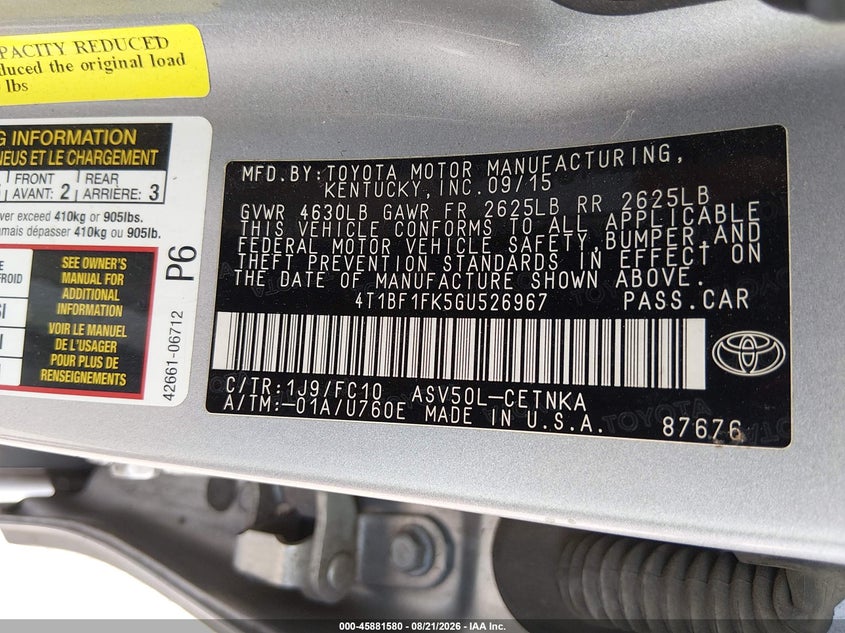 TOYOTA CAMRY 2016 VIN 4T1BF1FK5GU526967
