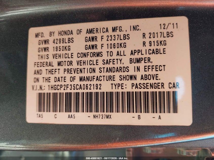 2012 HONDA ACCORD SEDAN 2.4L I-4 DOHC, VVT, 177HP