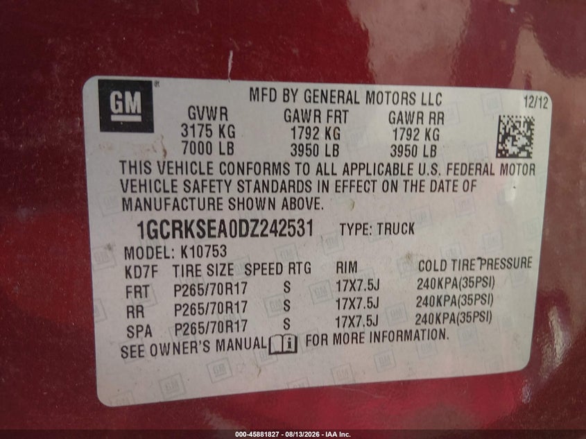 CHEVROLET SILVERADO 1500 2013 VIN 1GCRKSEA0DZ242531