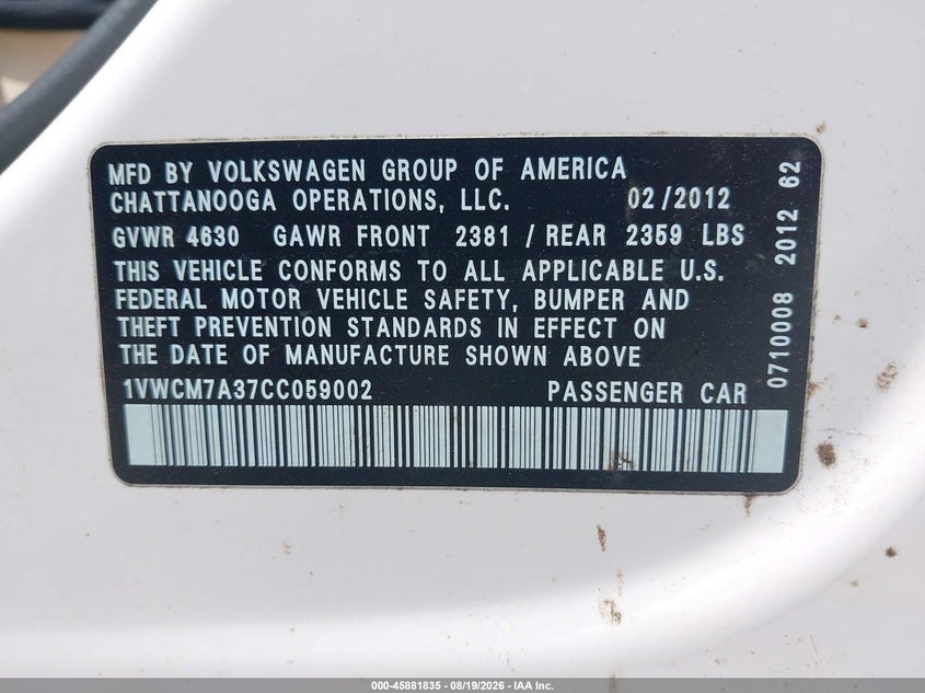 VOLKSWAGEN PASSAT 2012 VIN 1VWCM7A37CC059002