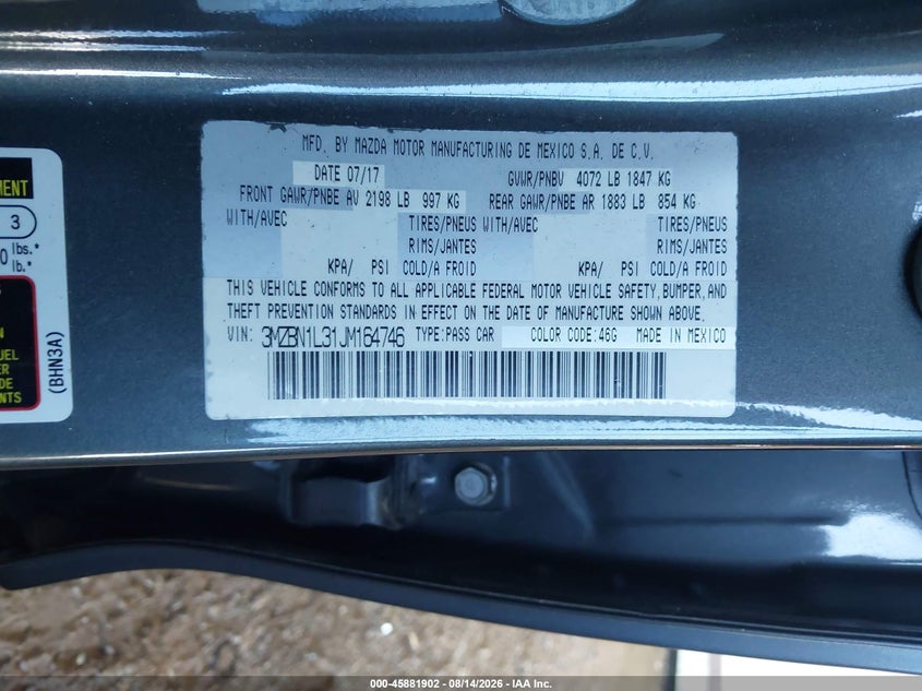 MAZDA MAZDA3 2018 VIN 3MZBN1L31JM164746