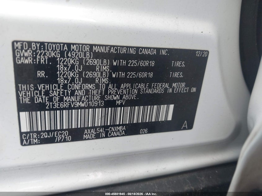 TOYOTA RAV4 HYBRID 2021 VIN 2T3E6RFV9MW010913