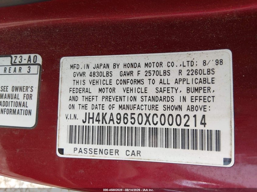 ACURA RL 1999 VIN JH4KA9650XC000214