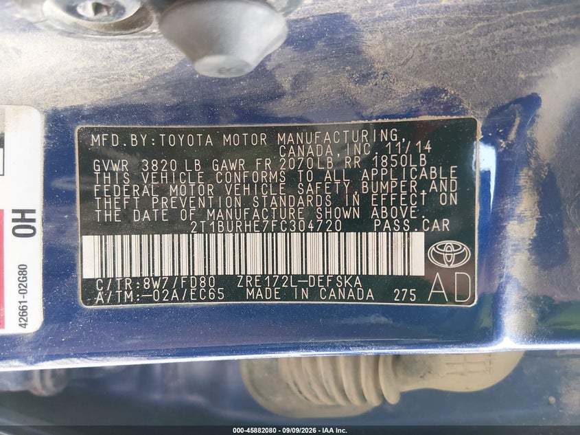 TOYOTA COROLLA 2015 VIN 2T1BURHE7FC304720