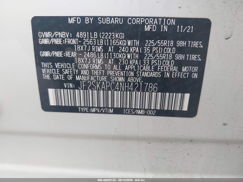 2022 SUBARU FORESTER SPORT UTILITY VEHICLE 2.5L H-4 DI, DOHC, VVT, REGULAR , 182HP