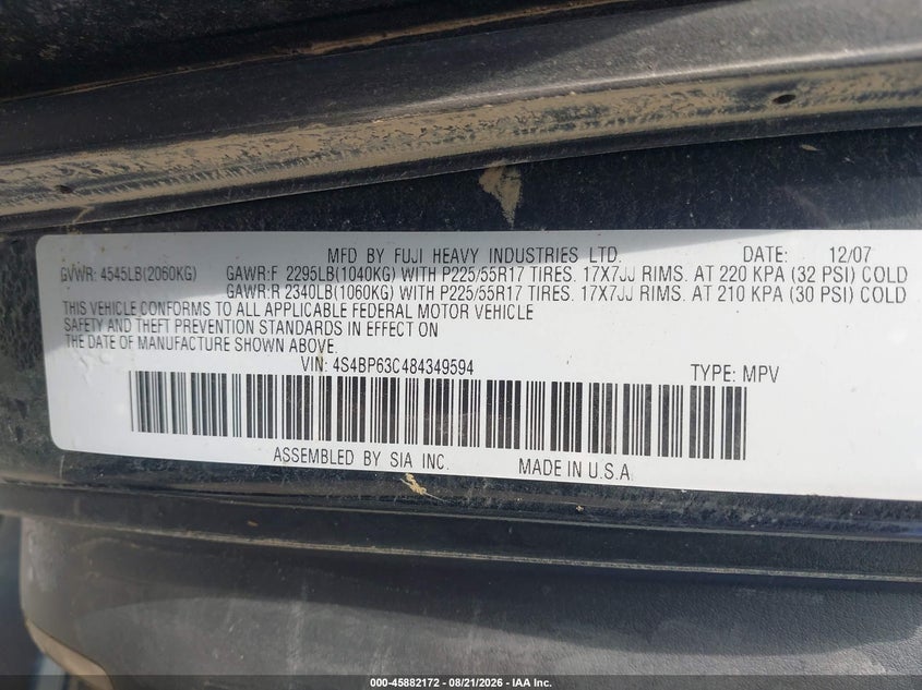 SUBARU OUTBACK 2008 VIN 4S4BP63C484349594