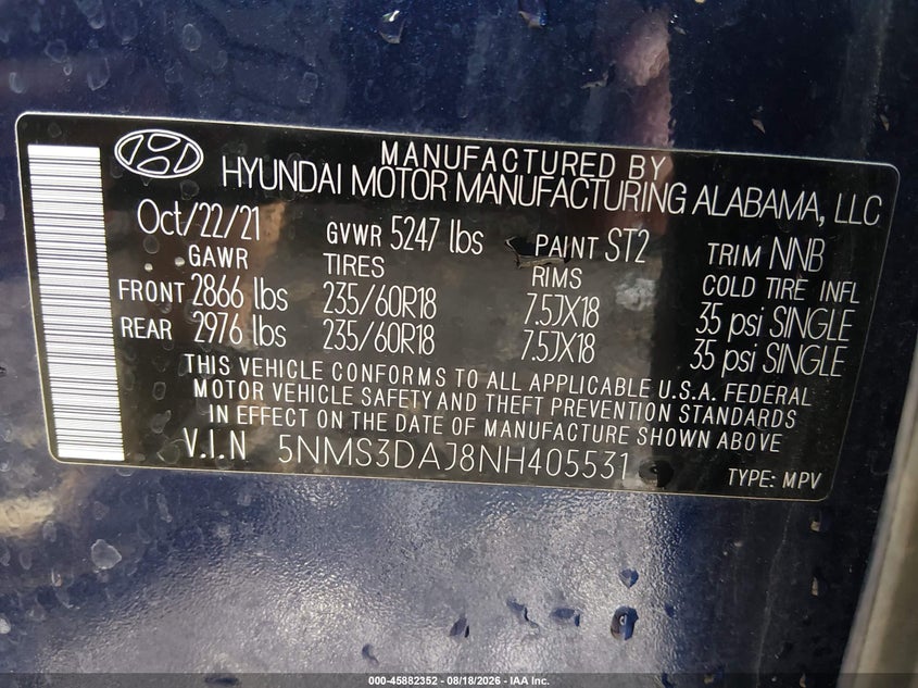 HYUNDAI SANTA FE 2022 VIN 5NMS3DAJ8NH405531