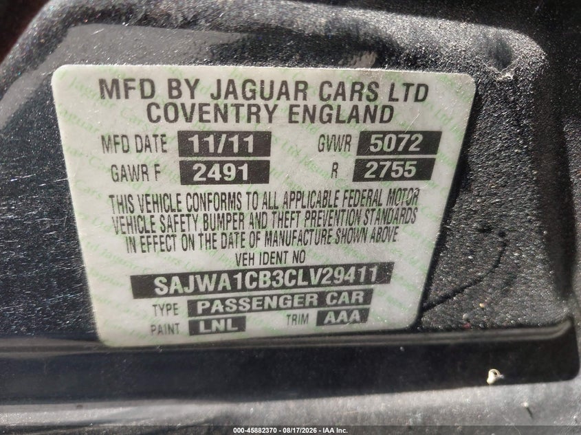 JAGUAR XJ 2012 VIN SAJWA1CB3CLV29411