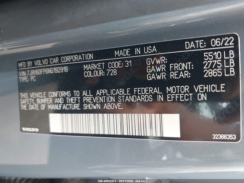 VOLVO S60 RECHARGE PLUG-IN HYBRID 2022 VIN 7JRH60FP6NG192918