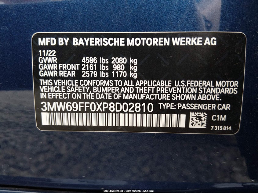 BMW 330I 2023 VIN 3MW69FF0XP8D02810