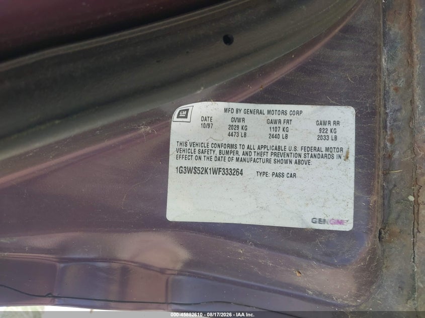 OLDSMOBILE INTRIGUE 1998 VIN 1G3WS52K1WF333264
