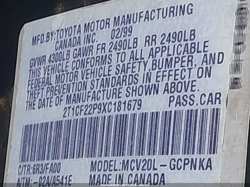 TOYOTA CAMRY SOLARA 1999 VIN 2T1CF22P9XC181679