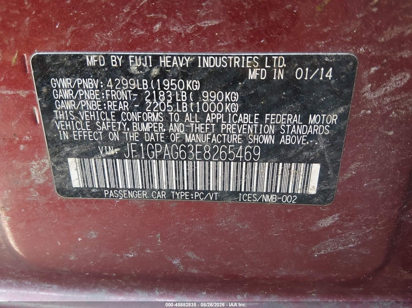 SUBARU IMPREZA 2014 VIN JF1GPAG63E8265469