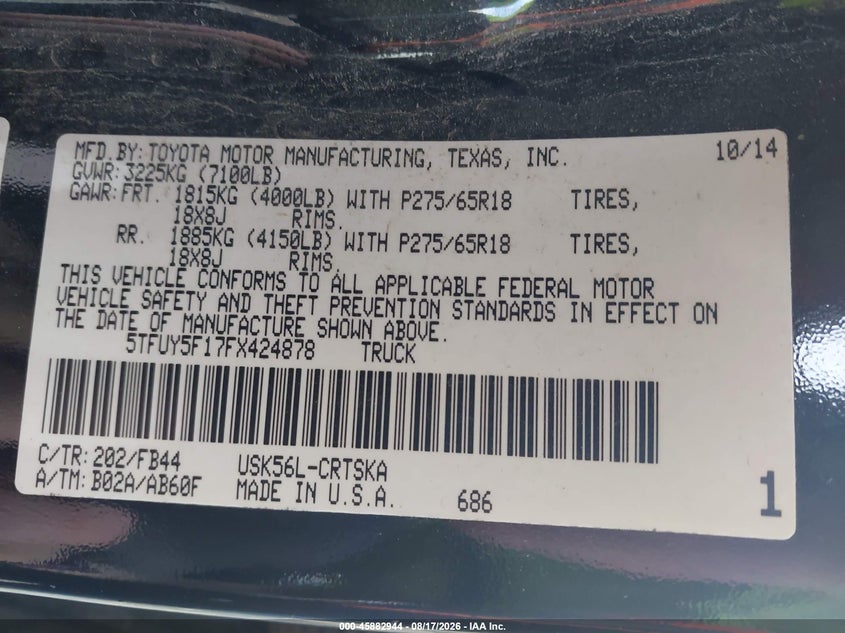 TOYOTA TUNDRA 2015 VIN 5TFUY5F17FX424878