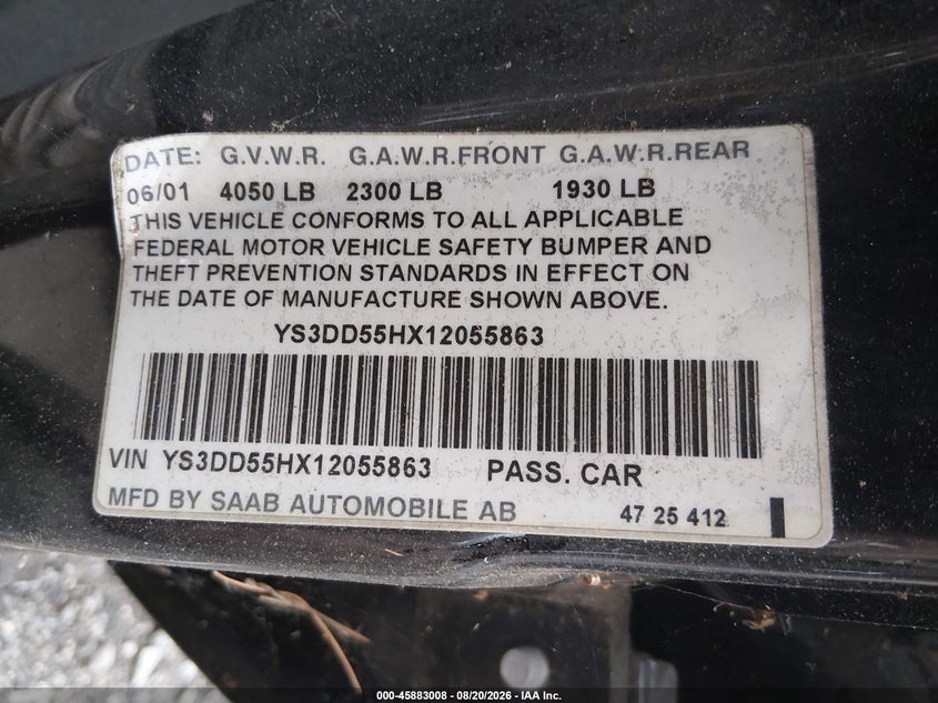 SAAB 9-3 2001 VIN YS3DD55HX12055863