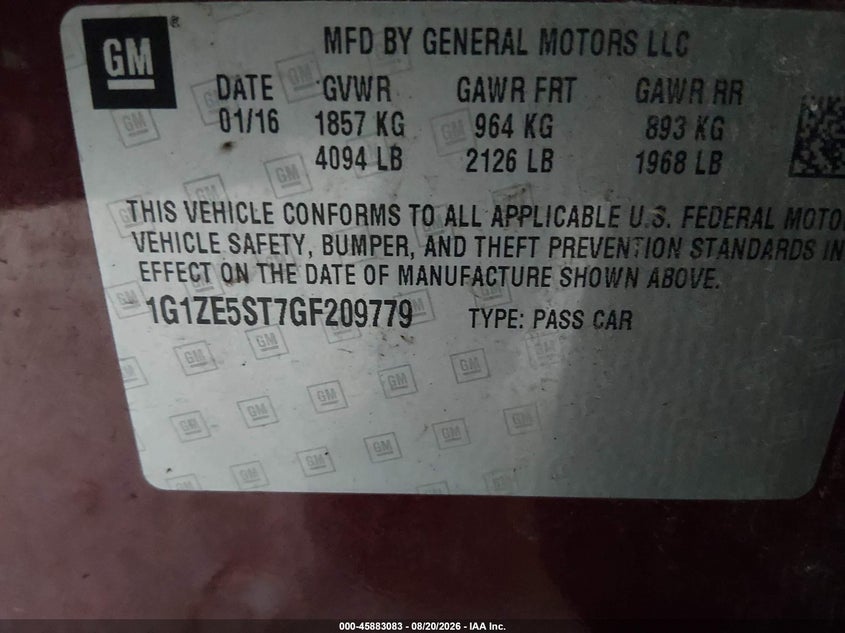 CHEVROLET MALIBU 2016 VIN 1G1ZE5ST7GF209779