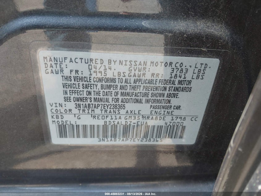 NISSAN SENTRA 2014 VIN 3N1AB7AP7EY238365