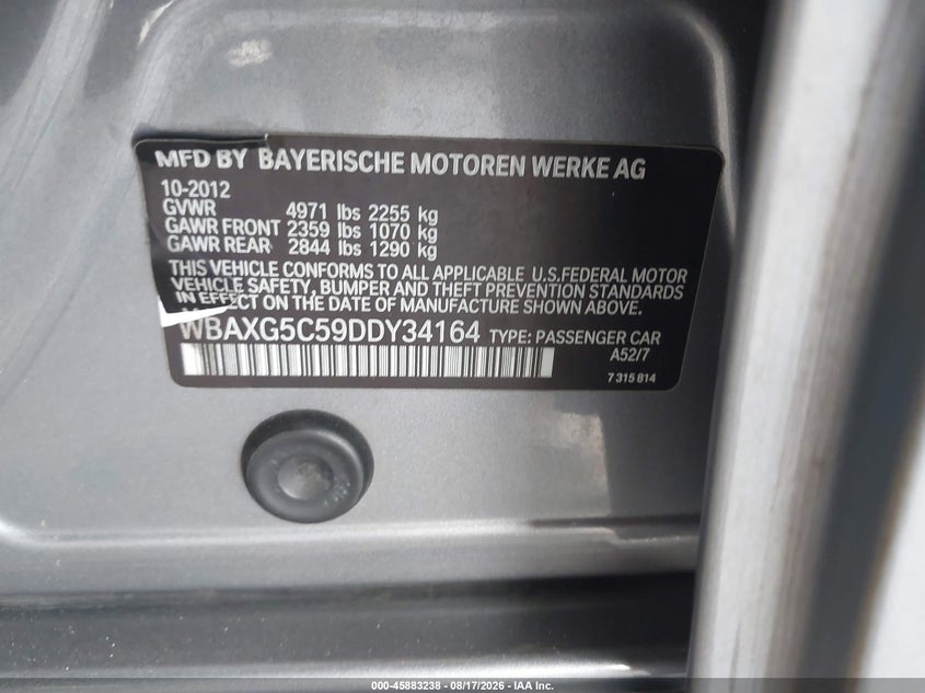 BMW 528I 2013 VIN WBAXG5C59DDY34164