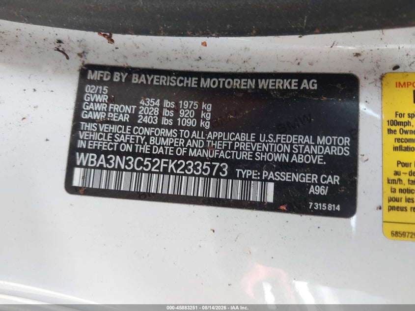 BMW 428I 2015 VIN WBA3N3C52FK233573