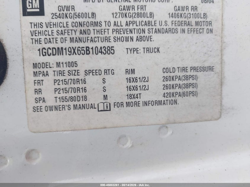 CHEVROLET ASTRO 2005 VIN 1GCDM19X65B104385