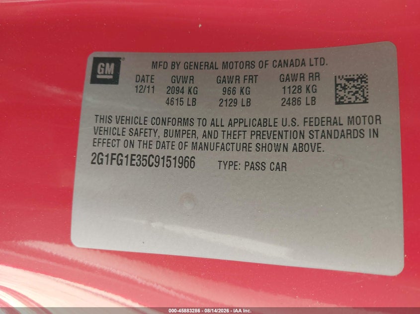 CHEVROLET CAMARO 2012 VIN 2G1FG1E35C9151966