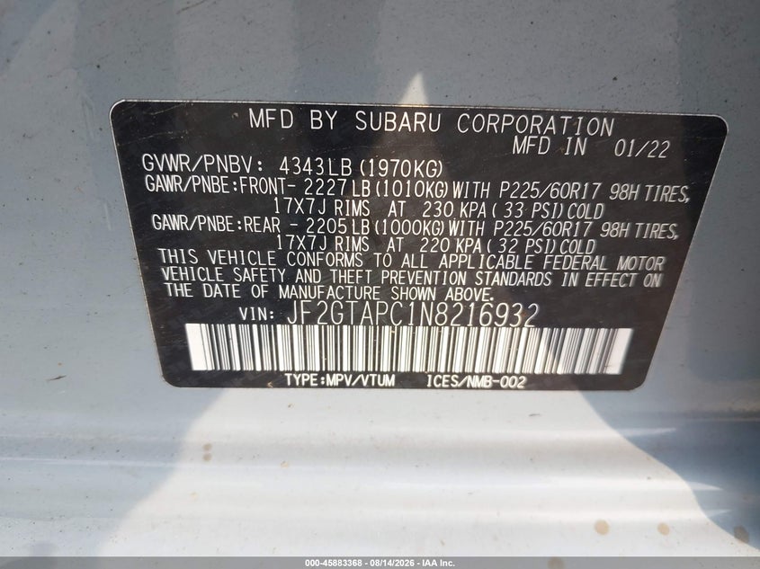SUBARU CROSSTREK 2022 VIN JF2GTAPC1N8216932