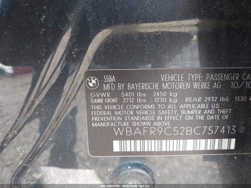 BMW 550I 2011 VIN WBAFR9C52BC757413
