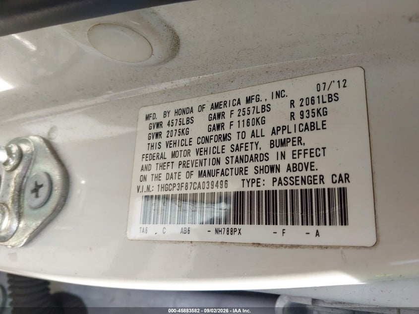 2012 HONDA ACCORD SEDAN 3.5L V-6 VVT, 271HP