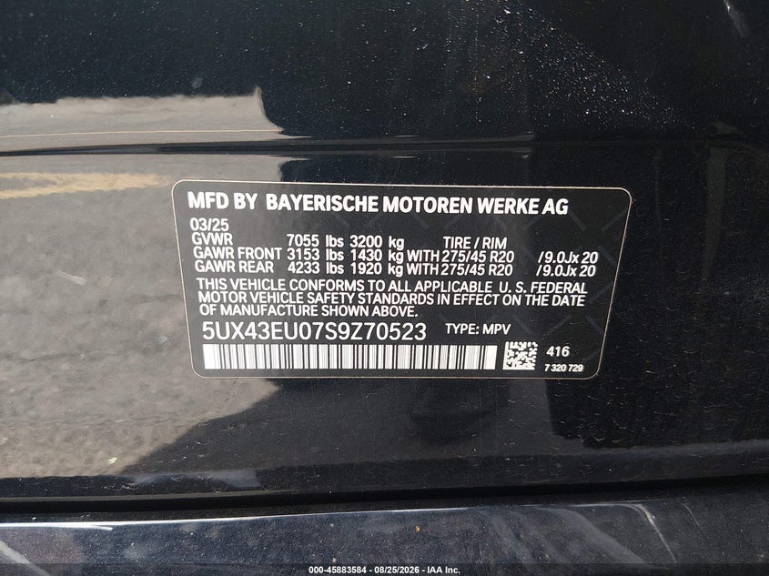 BMW X5 PHEV 2025 VIN 5UX43EU07S9Z70523