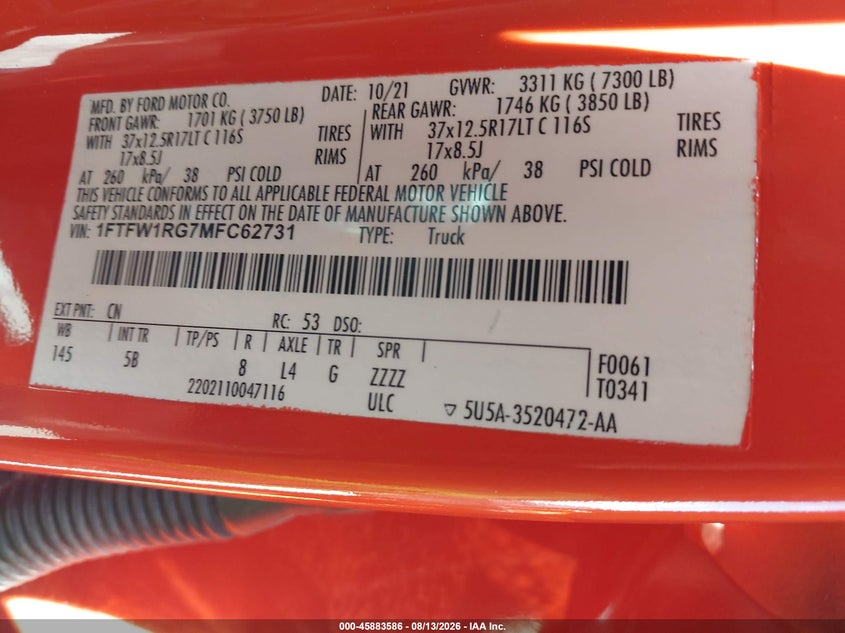 FORD F-150 2021 VIN 1FTFW1RG7MFC62731
