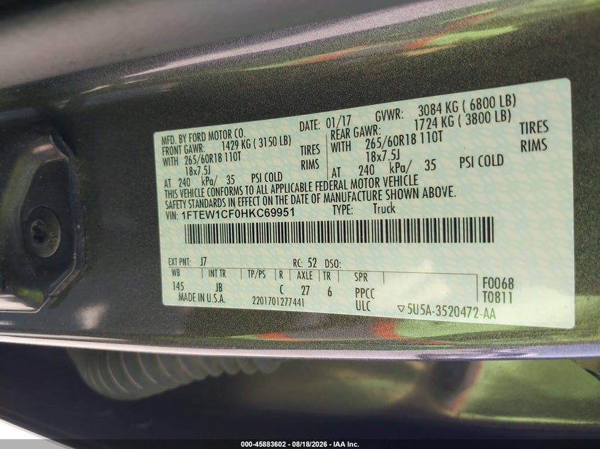 2017 FORD F-150 PICKUP 5.0L V8 FI DOHC 32V NF4