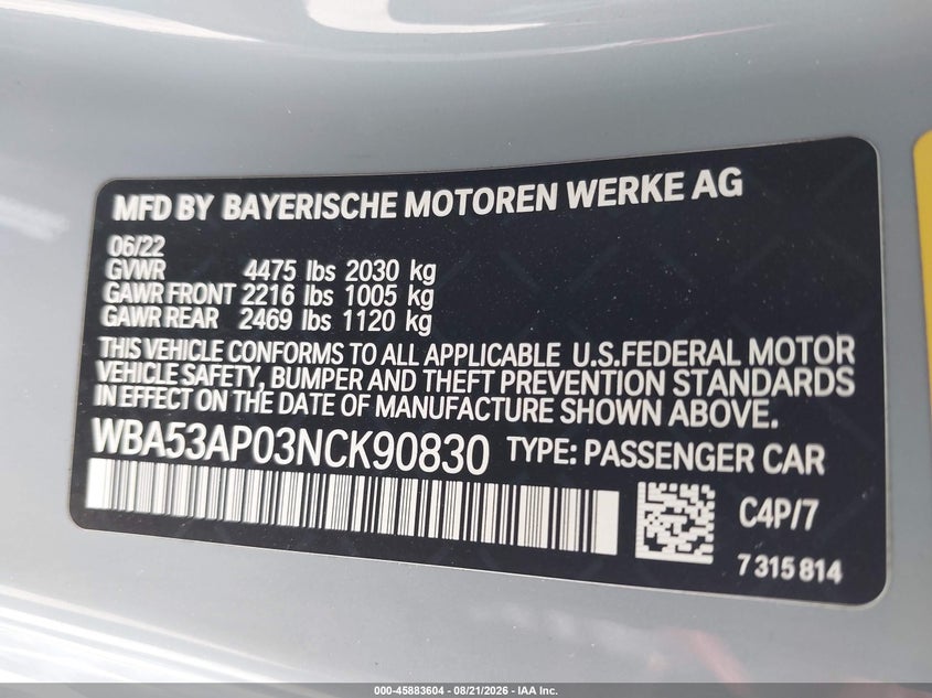 2022 BMW 4ER COUPE 2.0L I-4 DI, DOHC, VVT, TURBO, PREMIUM , 255HP