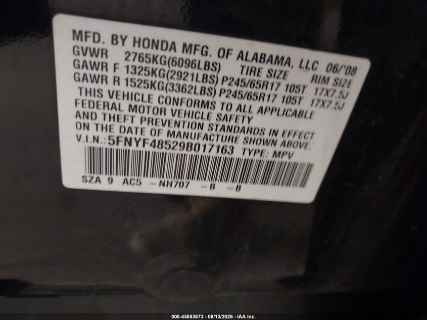 HONDA PILOT 2009 VIN 5FNYF48529B017163