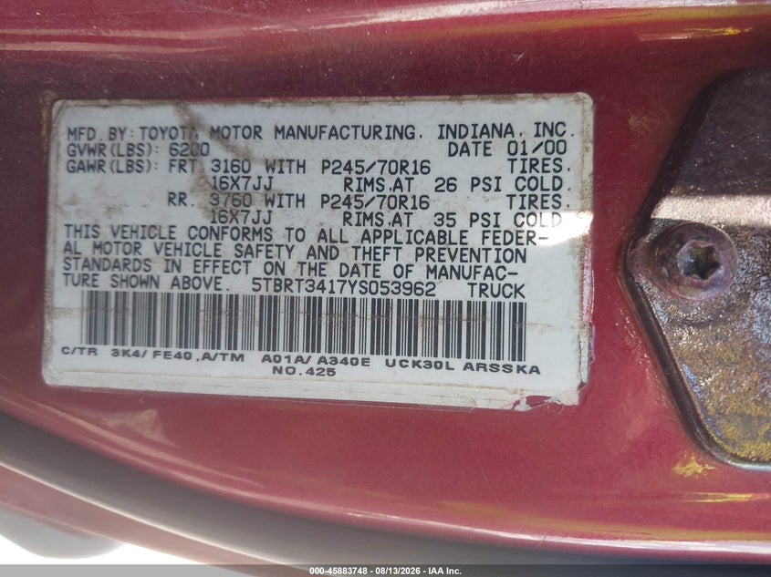 TOYOTA TUNDRA 2000 VIN 5TBRT3417YS053962