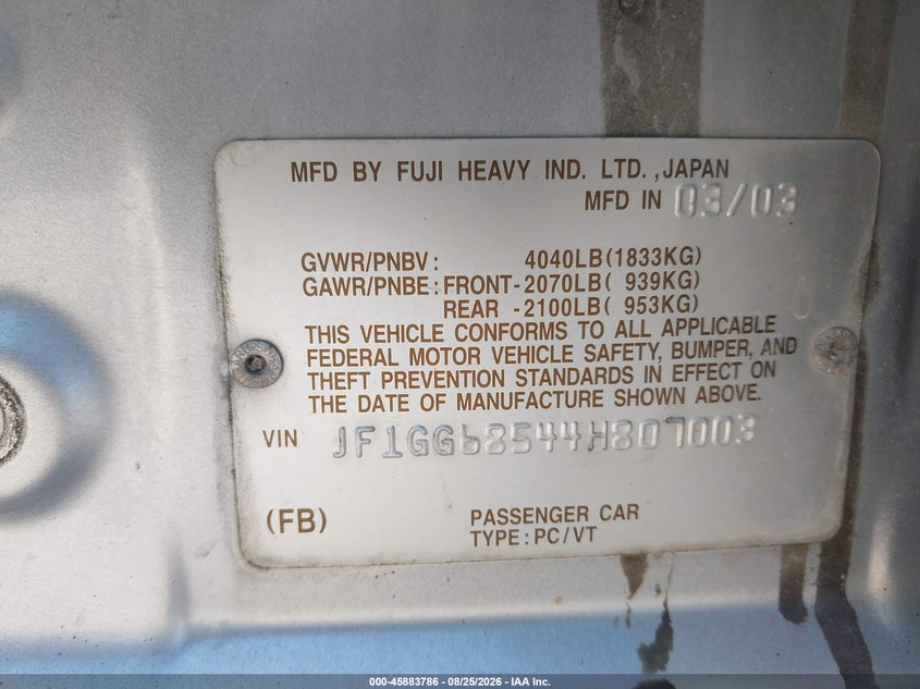 2004 SUBARU IMPREZA WAGON 2.5L H-4 165HP