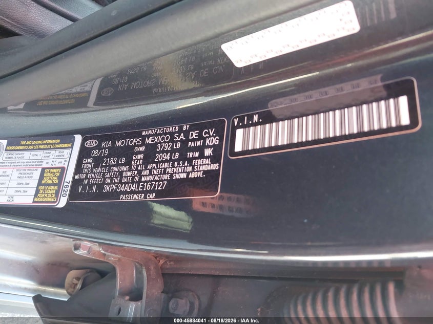 KIA FORTE 2020 VIN 3KPF34AD4LE167127