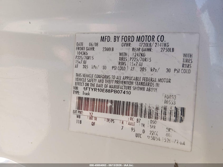 FORD RANGER 2008 VIN 1FTYR10E88PB07410