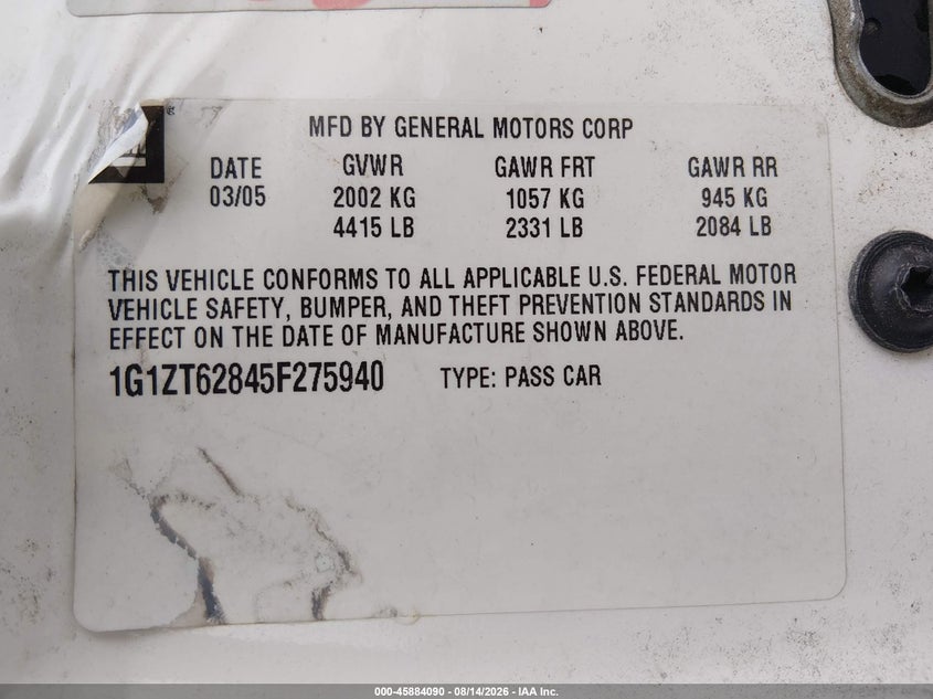 CHEVROLET MALIBU MAXX 2005 VIN 1G1ZT62845F275940